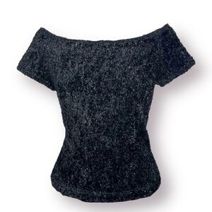 Vintage Y2K Kay Celine Size M Black Fuzzy Glitter Cropped Stretch Scoop Neck Top